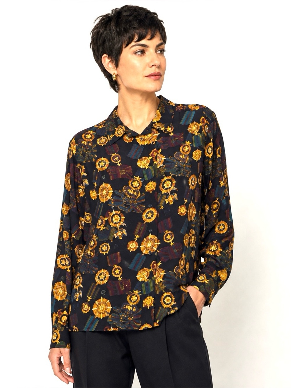 Vintage 80s Baroque Medal Print Rayon Asymmetrical Blouse Dark Academia M